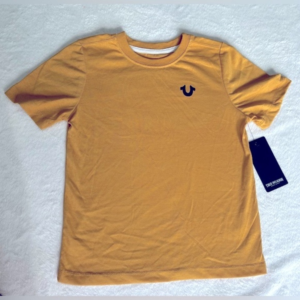 NWT True Religion size youth large (7) mustard yellow graphic short sleeve tee